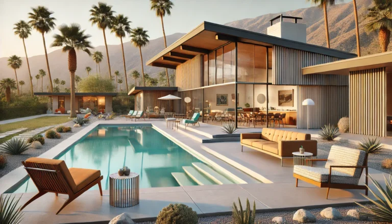 A Luxurious Modernism Inspired Home In Palm Springs, Featuring A Flat Roof, Expansive Glass Walls, And Clean Geometric Lines. The Design Integrates A